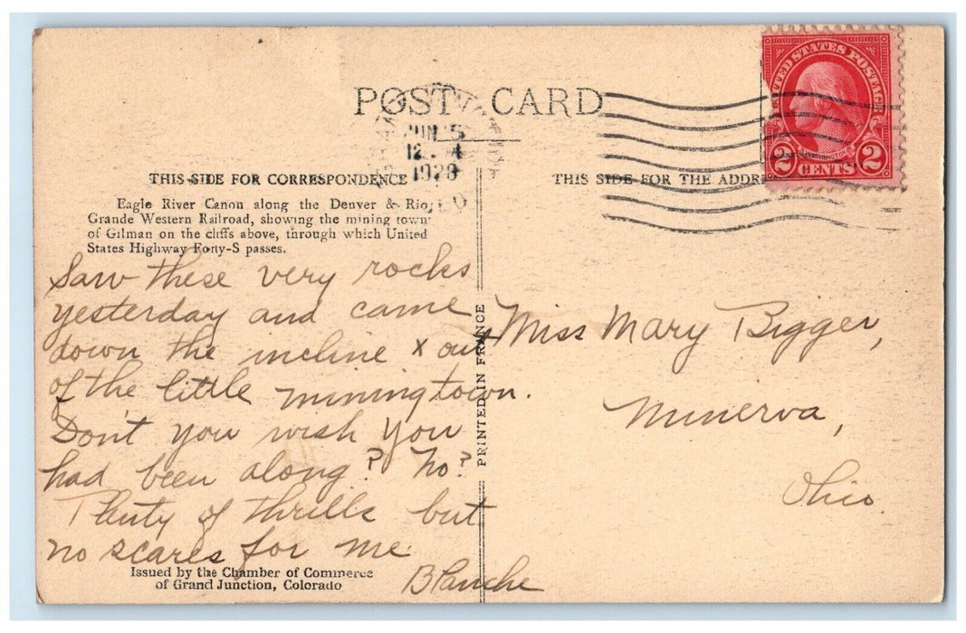 1923 Eagle River Canon Western Railroad Denver Rio Grande Colorado CO Postcard