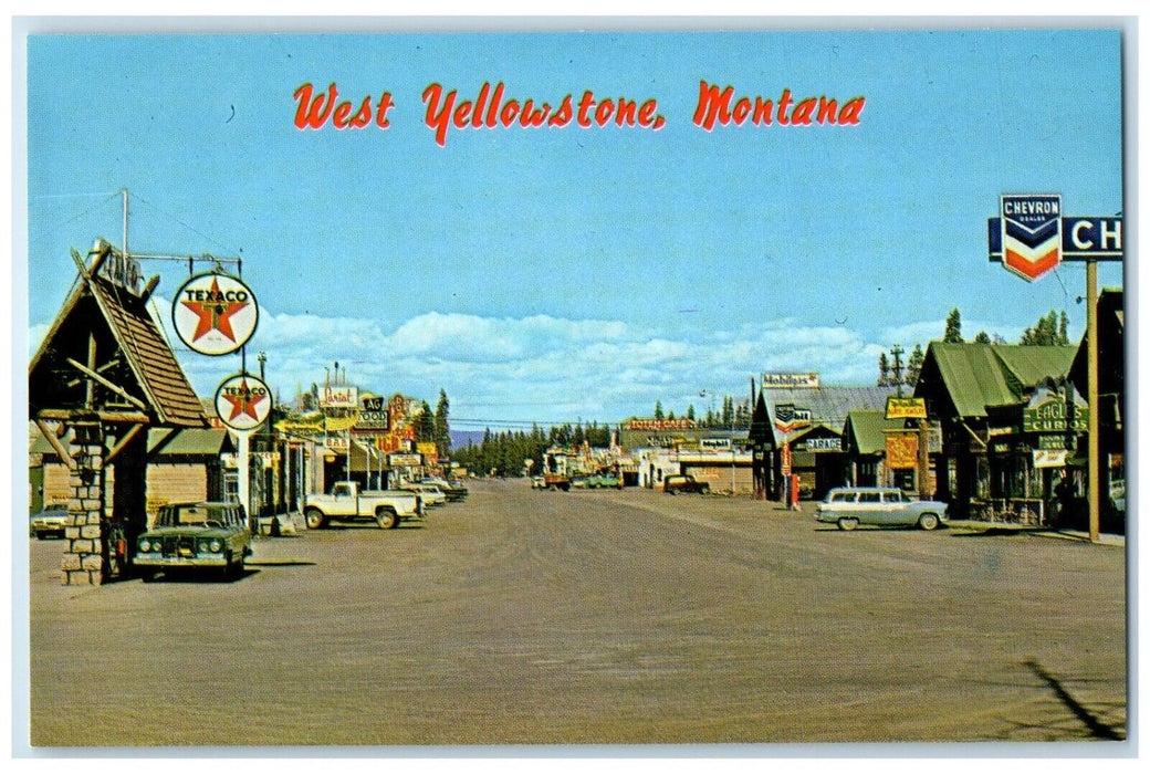 c1960's Main Street Texaco Gas Station Cars West Yellowstone Montana MT Postcard
