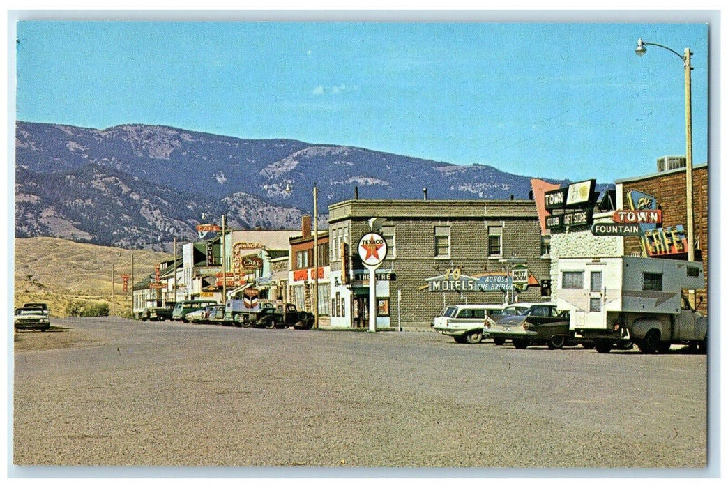 c1960's Main Street View Gardiner Yellowstone Park, Texaco Hotel Cafe Postcard