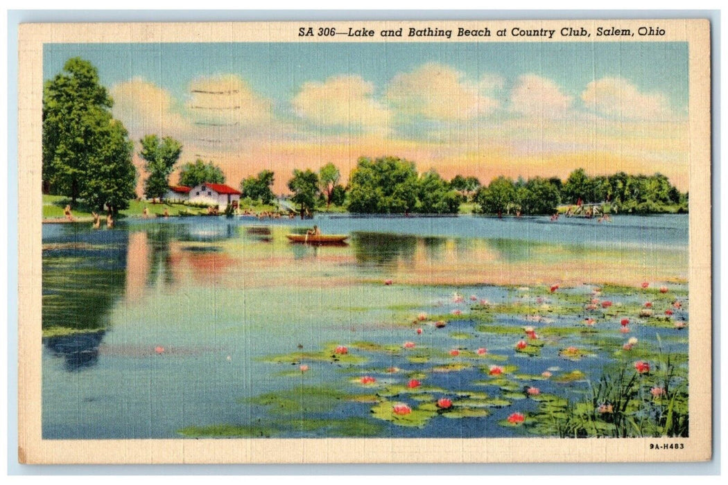 1941 Lake And Bathing Beach At Country Club Salem Ohio OH Vintage Postcard