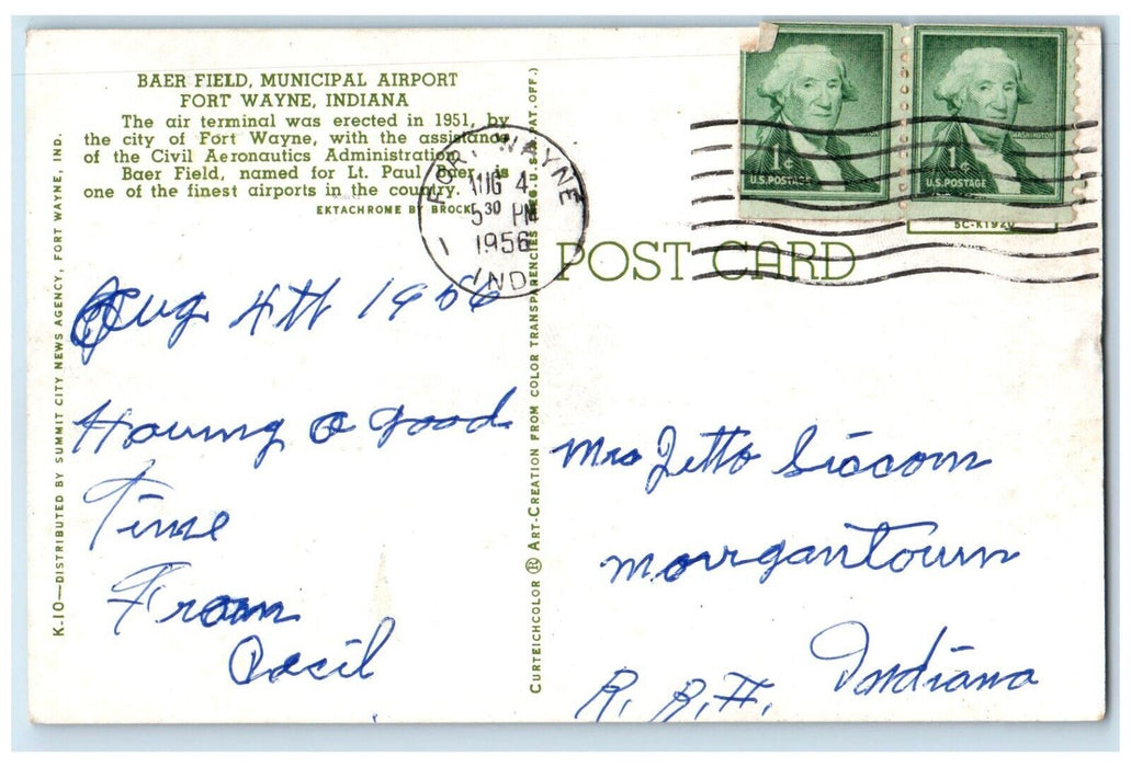 1956 Baer Field Municipal Airport Airplane Fort Wayne Indiana IN Posted Postcard