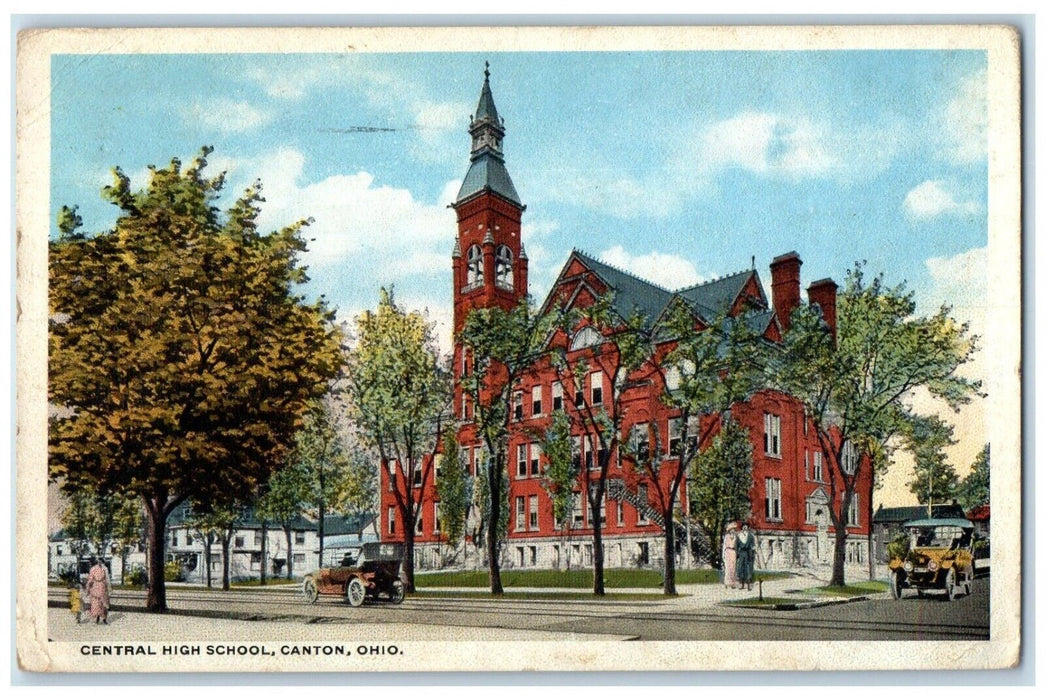 1920 Roadside View Central High School Building Classic Car Canton Ohio Postcard