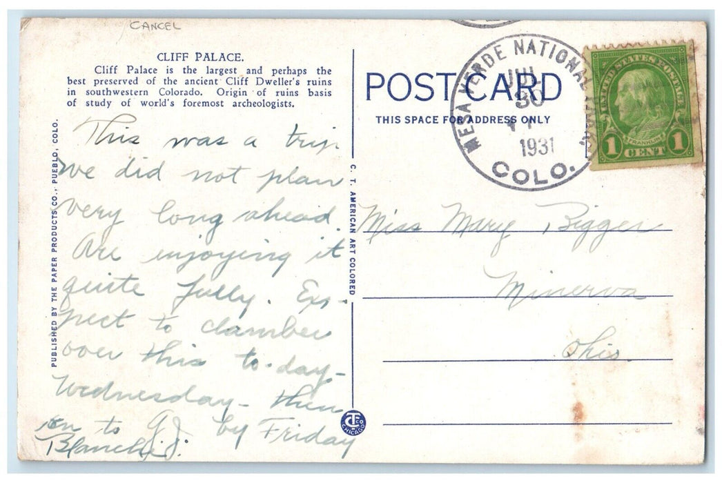 1931 Cliff Palace Relics Ancient Mesa Verde National Park Colorado CO Postcard