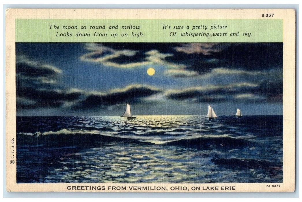 1940 Greetings From Lake Erie Night Moon Vermilion Ohio OH Vintage Poem Postcard