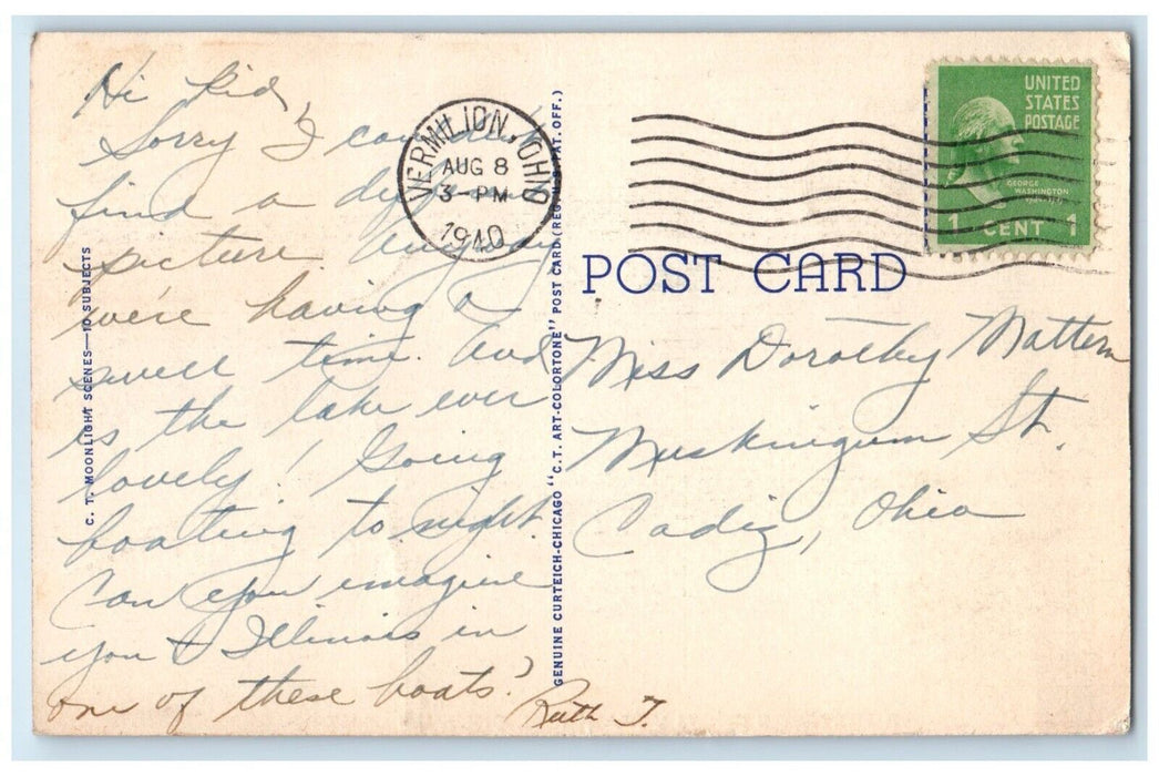 1940 Greetings From Lake Erie Night Moon Vermilion Ohio OH Vintage Poem Postcard