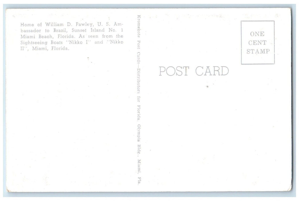c1940 William Pawley Ambassador Brazil Nikko Exterior Miami Florida FL Postcard