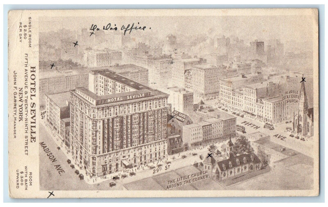 1930 Hotel Seville Fifth Avenue Twenty-Ninth Street Grandcent New York Postcard
