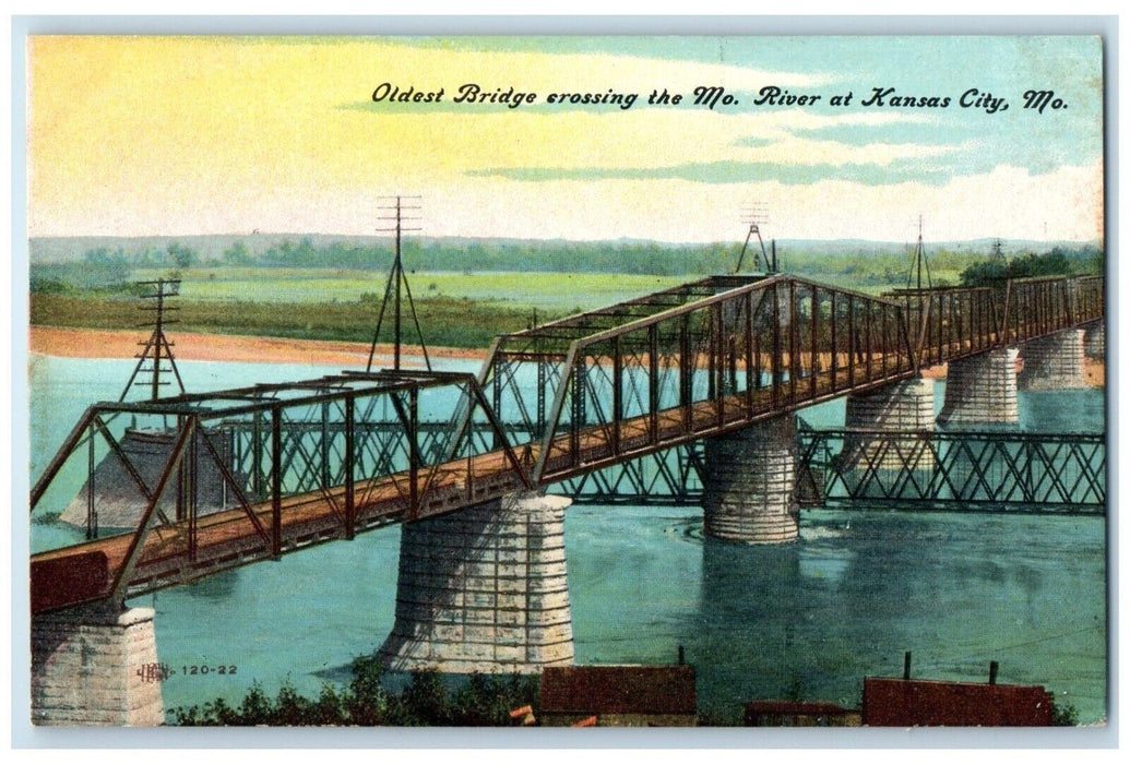 1910 Oldest Bridge Crossing Missouri River Kansas City Missouri Vintage Postcard