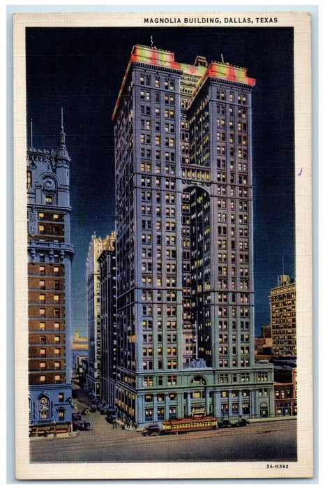 c1940 Aerial View Magnolia Building Night Scene Dallas Texas TX Vintage Postcard