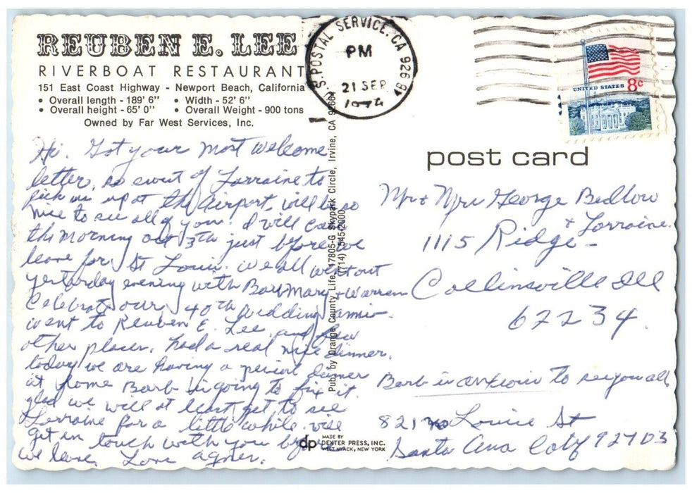 1974 Reuben E. Lee Riverboat Restaurant Newport Beach California CA Postcard