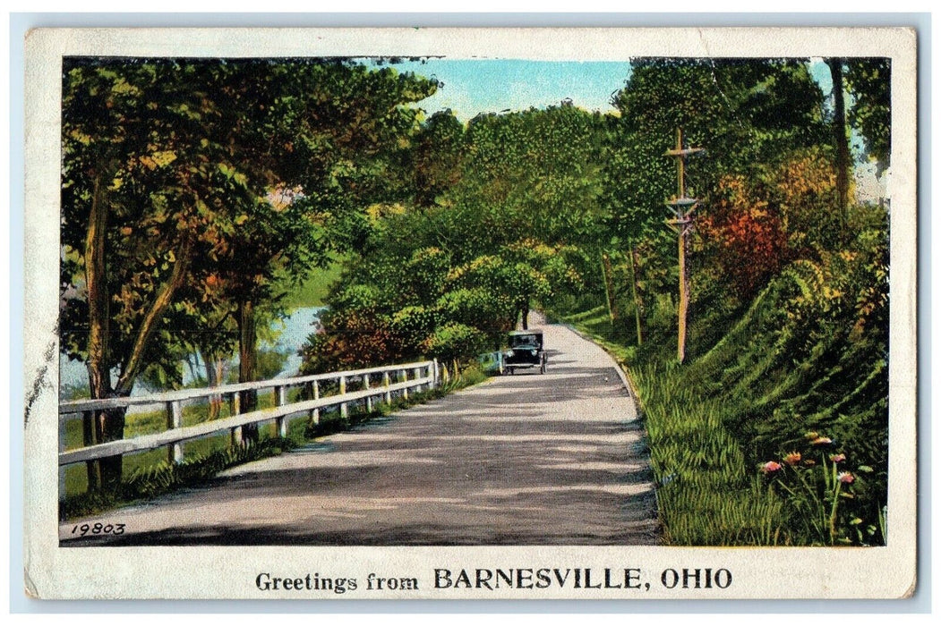 c1930's Greetings From Barnesville Ohio OH, Road Car Scene Vintage Postcard