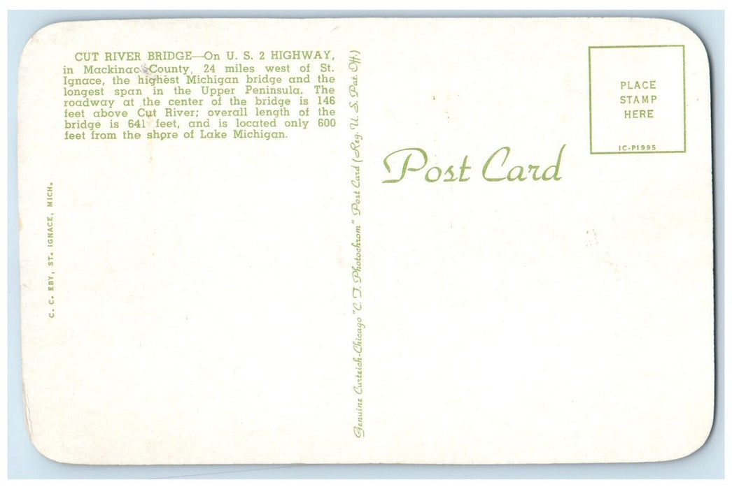 c1950s View Of Cut River Bridge 24 Miles Of West St. Ignace Michigan MI Postcard