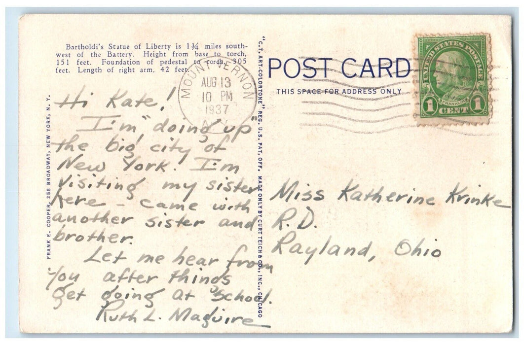 1937 Statue Liberty Bedloe Island New York Harbor New York City New Yor Postcard