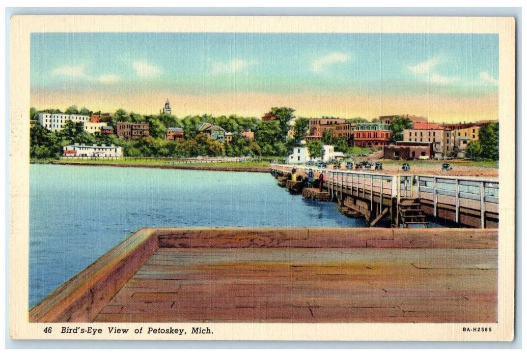 c1940 Birds Eye View Petoskey Dock Fishing Michigan MI Vintage Antique Postcard