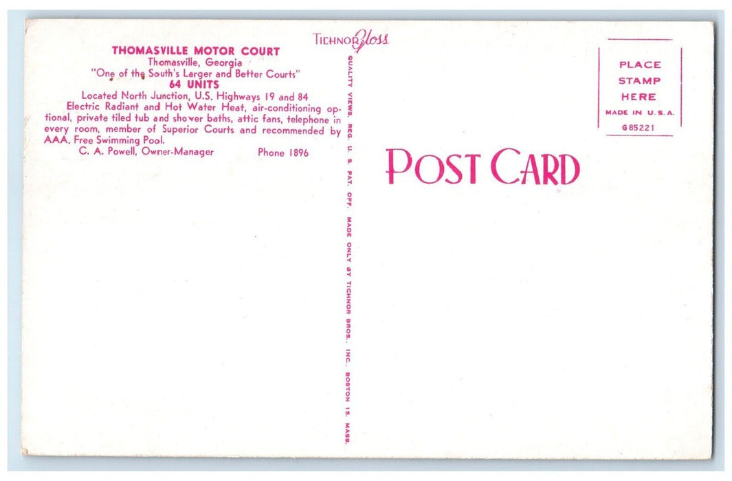 c1950's Thomasville Motor Court Thomasville Georgia GA Dual View Postcard