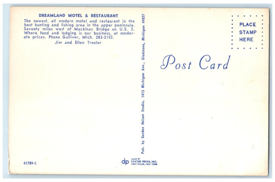 c1950's Dreamland Motel & Restaurant Cars Gulliver Michigan MI Vintage Postcard