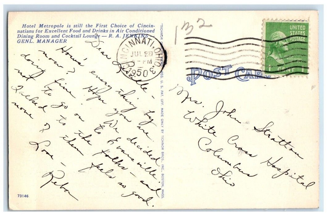 1950 Hotel Metropole Building Car Street View Cincinnati Ohio OH Posted Postcard