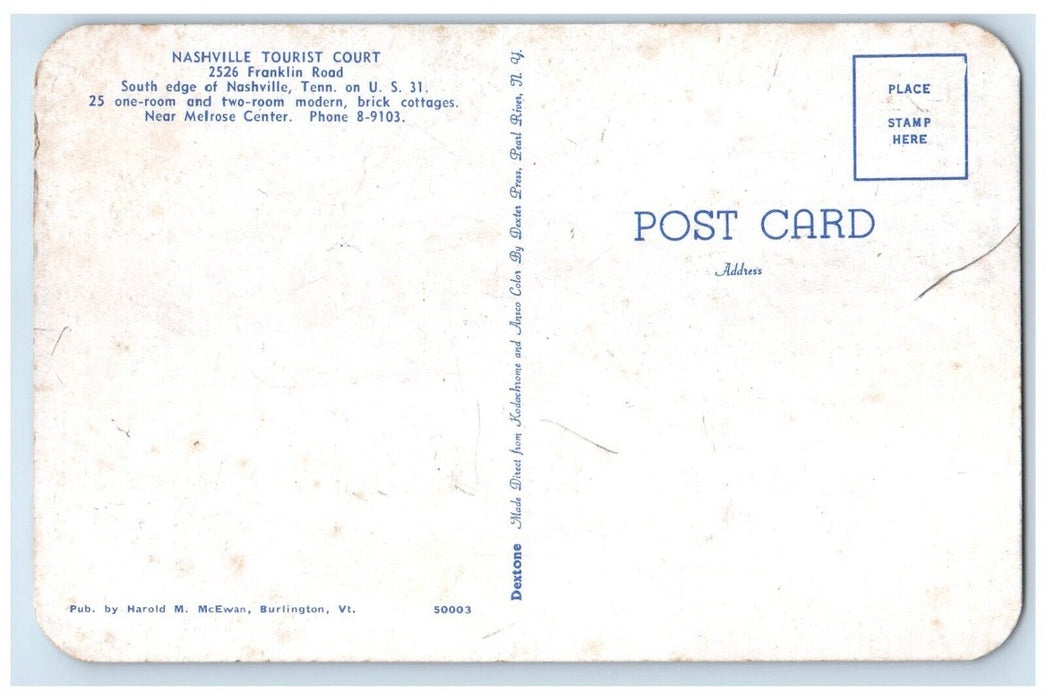 c1950's Nashville Tourist Court Car Roadside Nashville Tennessee TN Postcard