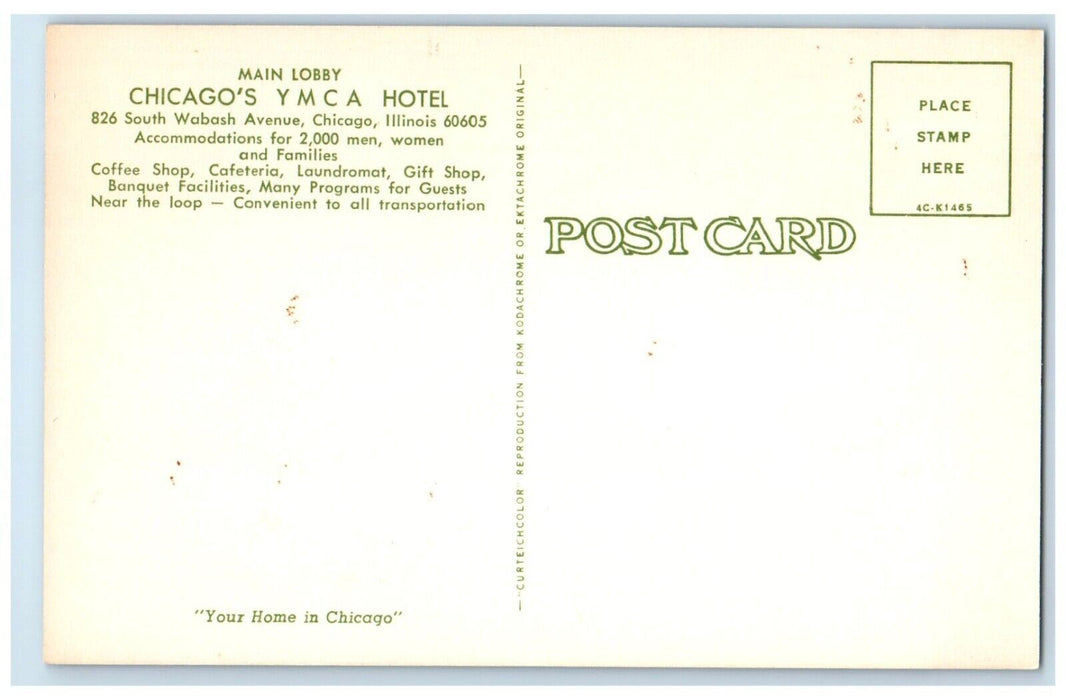 c1940's Chicago's YMCA Hotel Main Lobby Interior Chicago Illinois IL Postcard