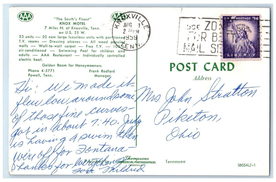 1959 Knox Motel Knoxville Tennessee TN, Swimming Pool Scene Dual View Postcard