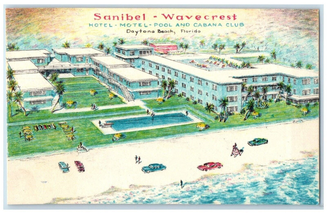 Sanibel Wavecrest Hotel Motel Pool Cabana Club Daytona Beach FL Vintage Postcard