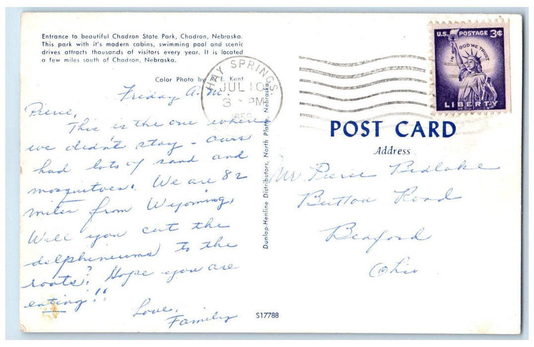 1959 Entrance To Chadron State Park Nebraska NE, Dirt Rock Vintage Postcard
