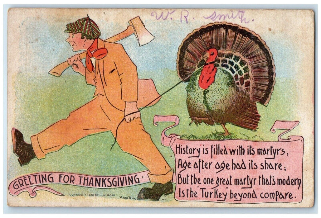 c1910's Thanksgiving Greetings Man Cached Turkey Hatchet Brashear MO Postcard