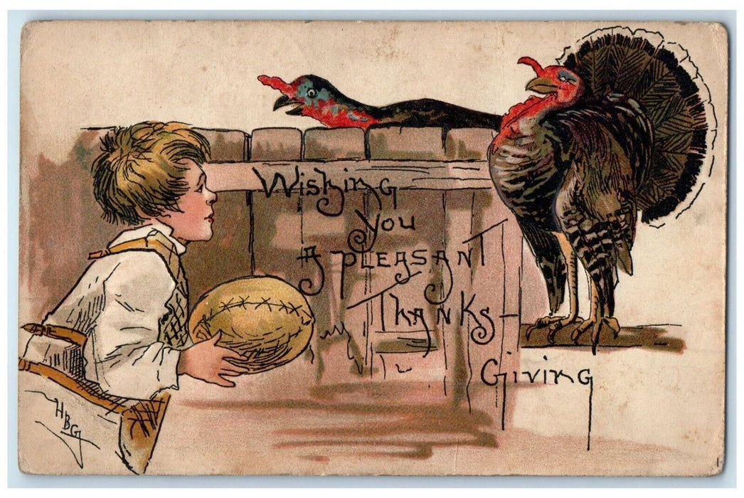 1909 Thanksgiving Boy Turkey Rugby Sports HBG Embossed Pataskala OH Postcard