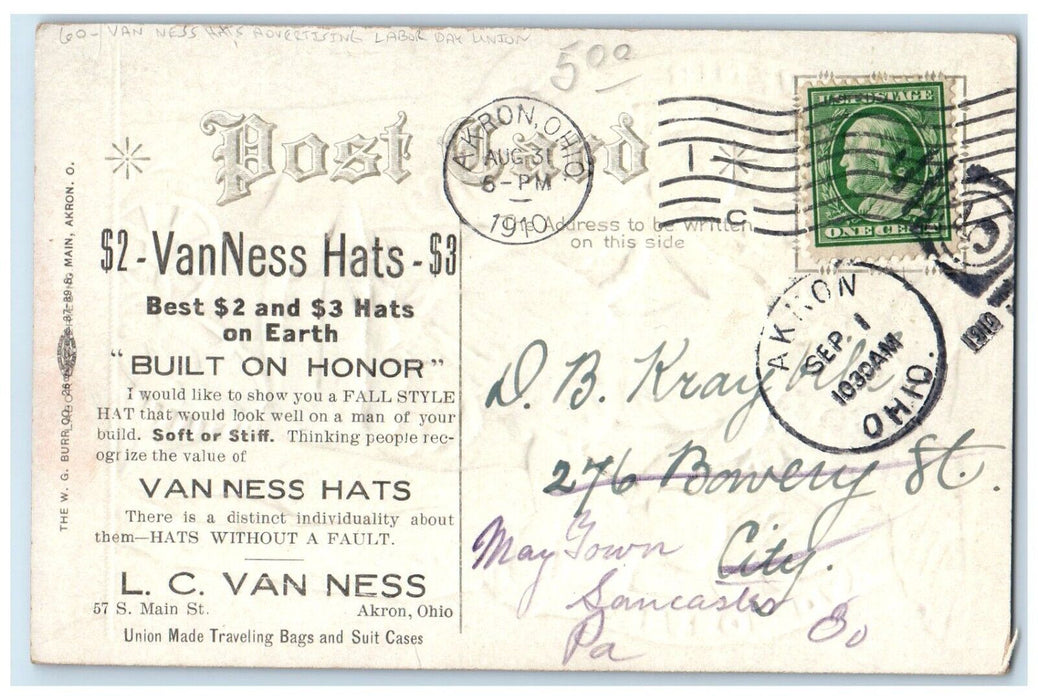 1910 Labor Day Union Akron Ohio OH, Van Ness Hats Advertising Nash Postcard