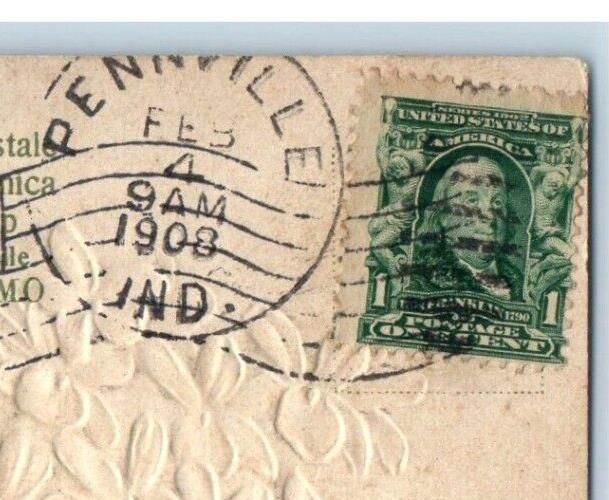1908 Purple Pansies Flowers Embossed Pennville Indiana IN Antique Postcard