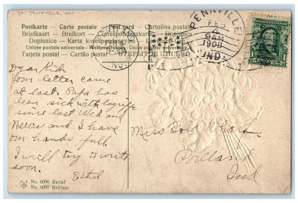 1908 Purple Pansies Flowers Embossed Pennville Indiana IN Antique Postcard