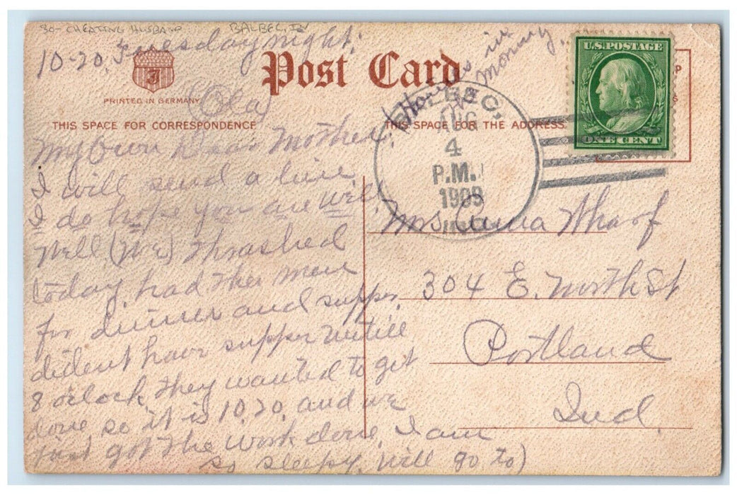1909 Cheating Husband Working Late Balbec Indiana IN Posted Antique Postcard