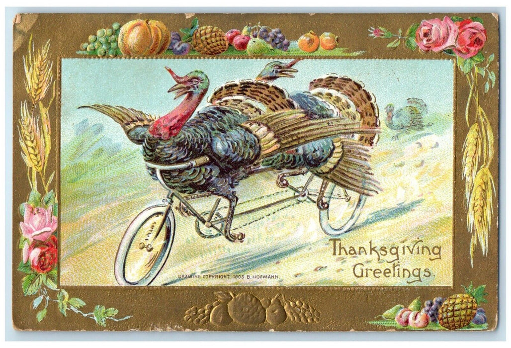 Thanksgiving Greetings Turley Riding Bicycle Hand Cancel Jefferson OH Postcard