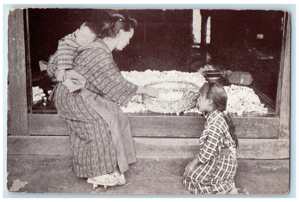 Mother And Children Sorting The Cocoons Japan Christian Missionary Postcard