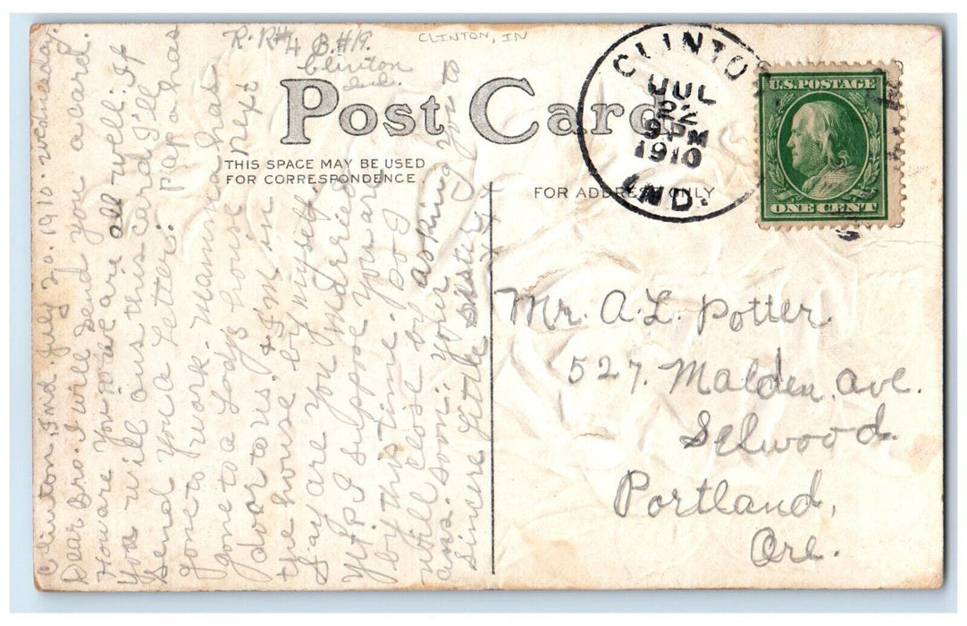1910 White Roses Flowers Embossed Clinton Indiana IN Posted Antique Postcard