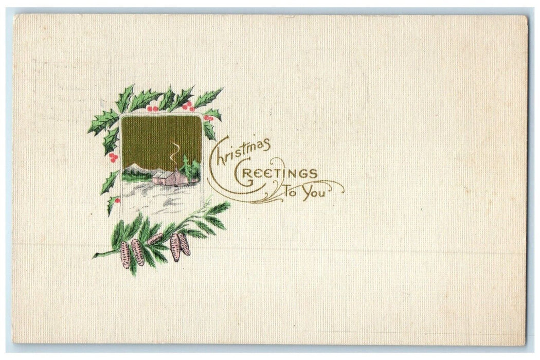 1916 Christmas Greetings Holly Berries Pine Cone Minimalist Albany OR Postcard