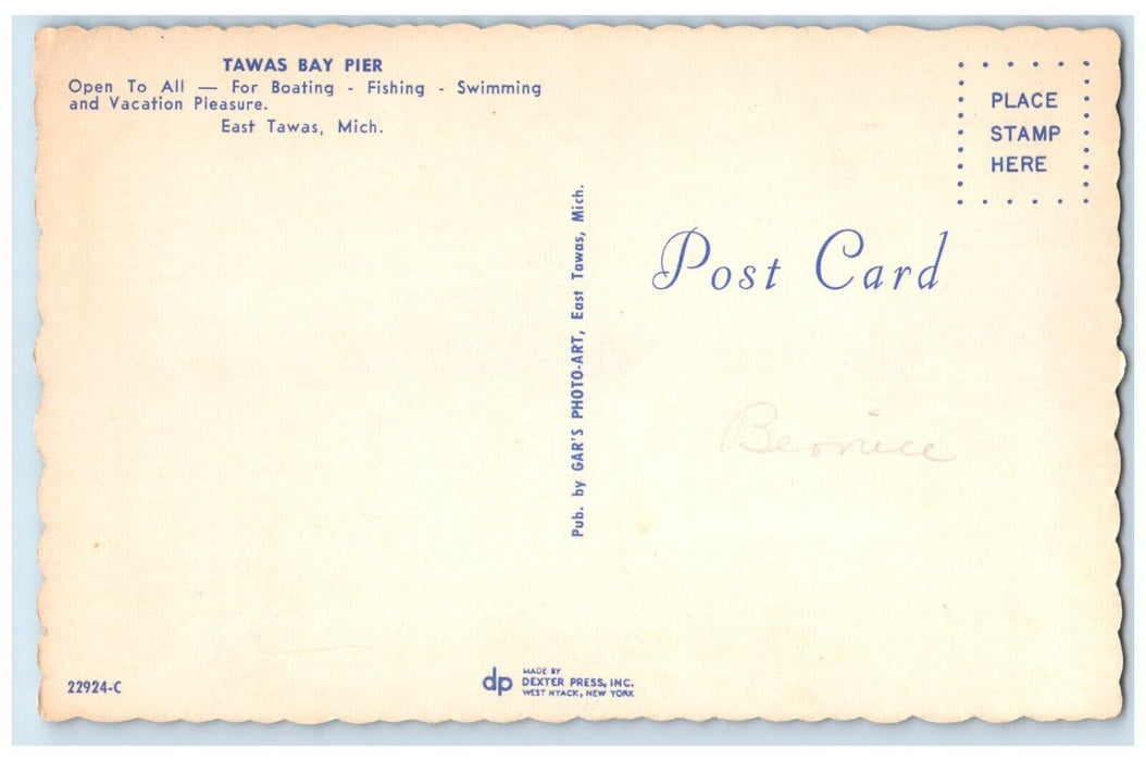 c1950s Bird's Eye View Of Tawas Bay Pier East Tawas Michigan MI Vintage Postcard