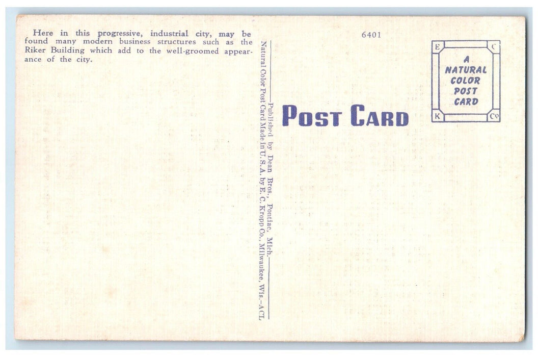 c1960's Riker Building Street View Pontiac Michigan MI Unposted Vintage Postcard