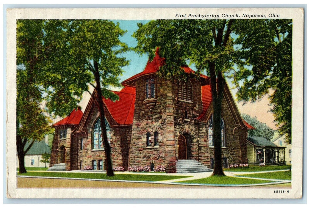 1948 First Presbyterian Church Scene Street Napoleon Ohio OH Vintage Postcard