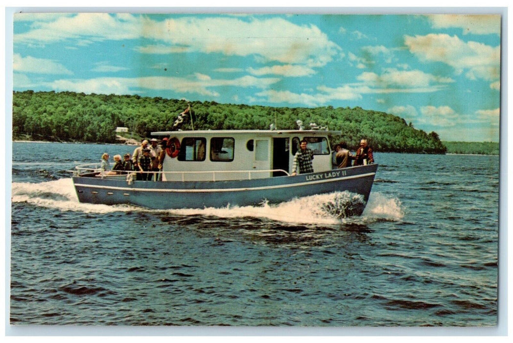 Lucky Day II Charter Boat From Shoreline Motel Pier Gills Rock WI Postcard