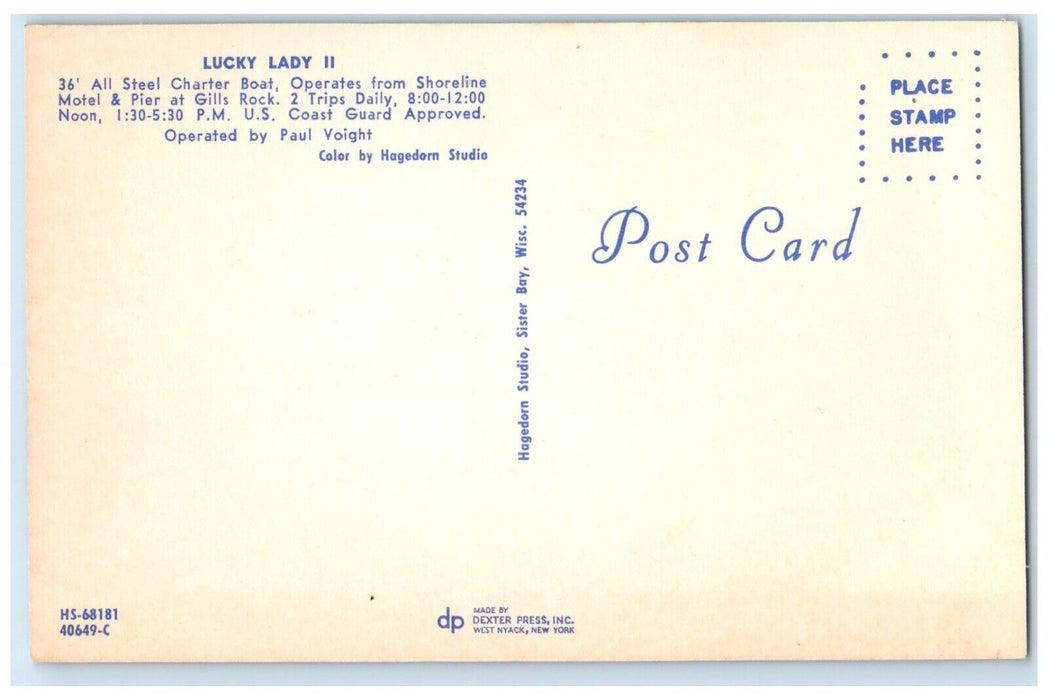 Lucky Day II Charter Boat From Shoreline Motel Pier Gills Rock WI Postcard