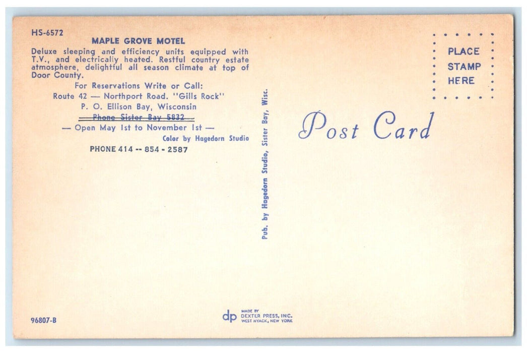 c1950's Maple Grove Motel Ellison Bay Wisconsin WI Unposted Vintage Postcard