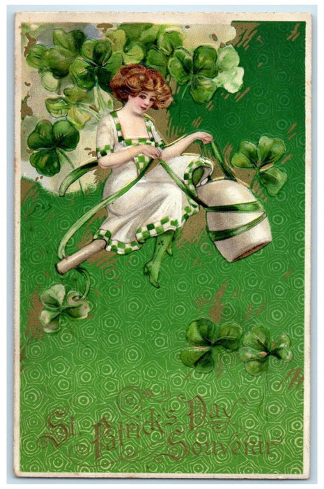 c1910's St. Patrick's Day Woman Riding Big Pipe Shamrock Winsch Back Postcard