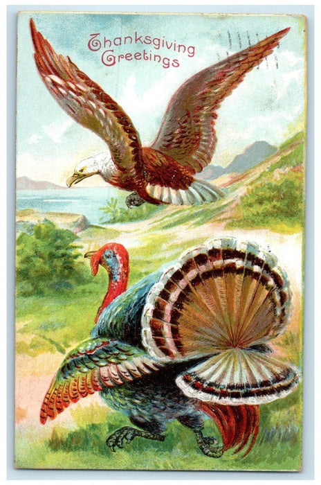 1910 Thanksgiving Greetings Turkey Eagle Embossed Columbus OH Antique Postcard