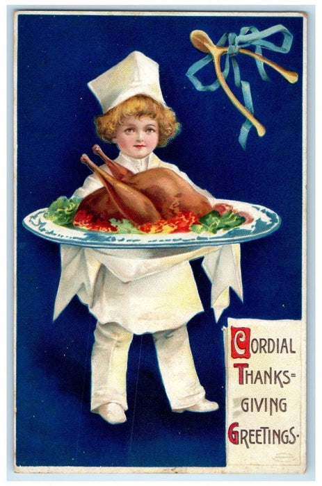 Thanksgiving Greetings Boy Chef Big Fried Turkey Wishbone Clapsaddle Postcard