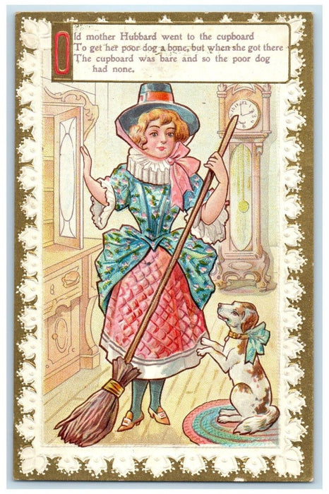 c1910's Old Mother Hubbard Hat Broom Poor Dog Embossed Unposted Antique Postcard