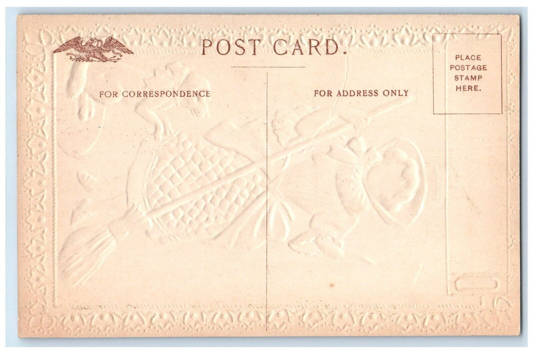 c1910's Old Mother Hubbard Hat Broom Poor Dog Embossed Unposted Antique Postcard
