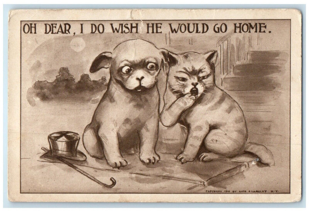 1911 Dog And Cat I Do Wish He Would Go Home Atlantic Mine Michigan MI Postcard