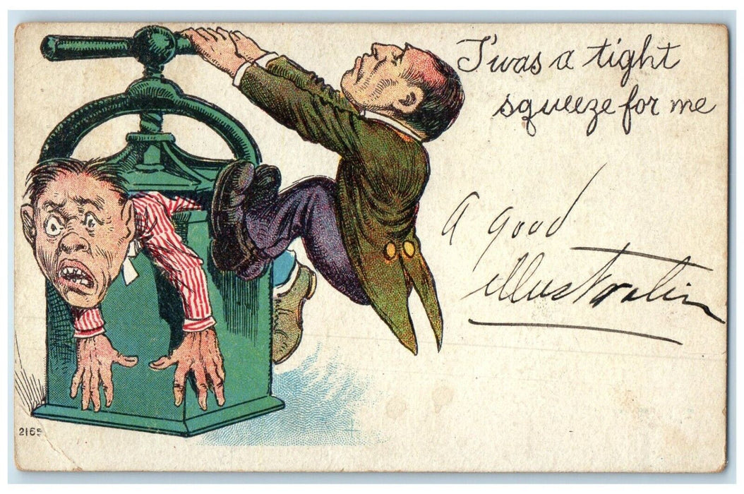 1909 Man Press Squeeze Write Away Laurium Michigan MI Posted Antique Postcard