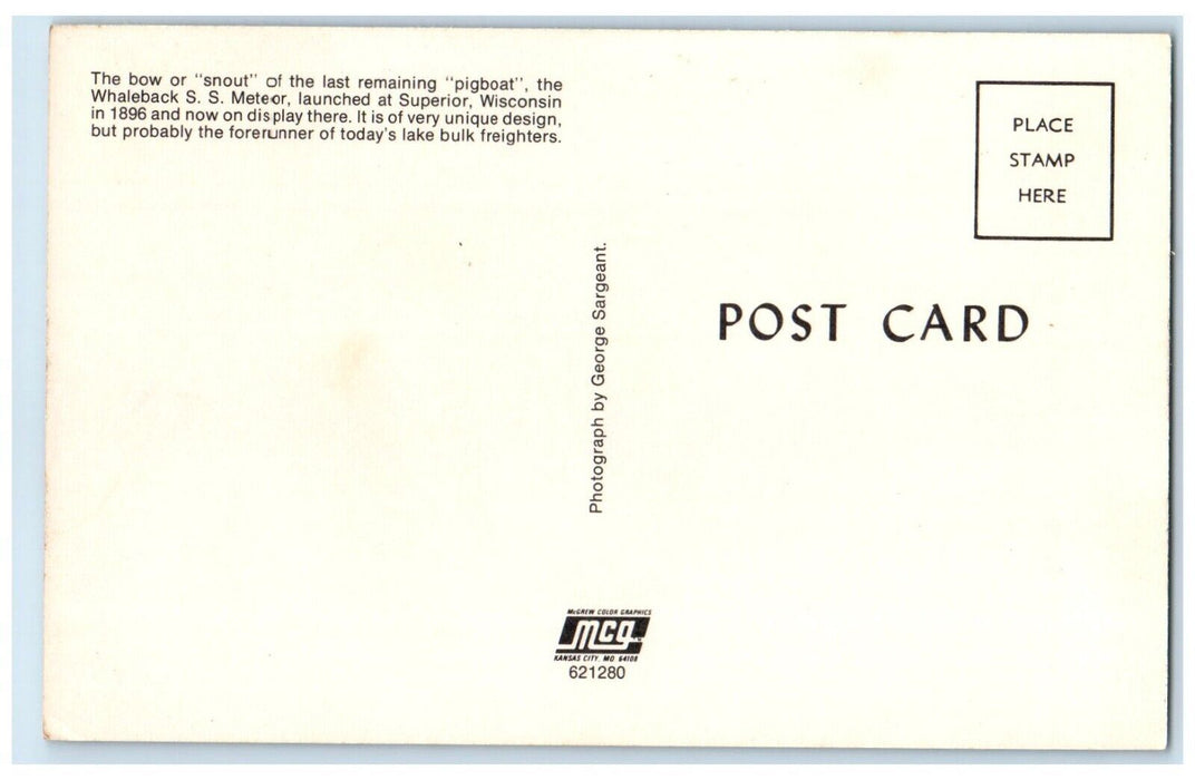 The Bow Snout Pigboat Whaleback SS Meteor Launched At Superior WI Postcard